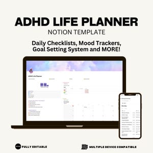 Notion Template ADHD Life Planner Daily Checklists Mood Trackers Goal Setting System Task Management Calendar and Planner Tools