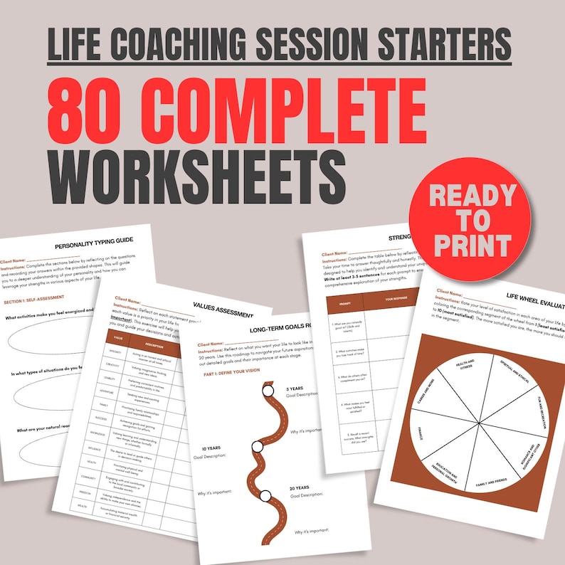 80 Complete Worksheets for Life Coaches, Life Coach Workbook Canva, Life Coaching, Worksheets