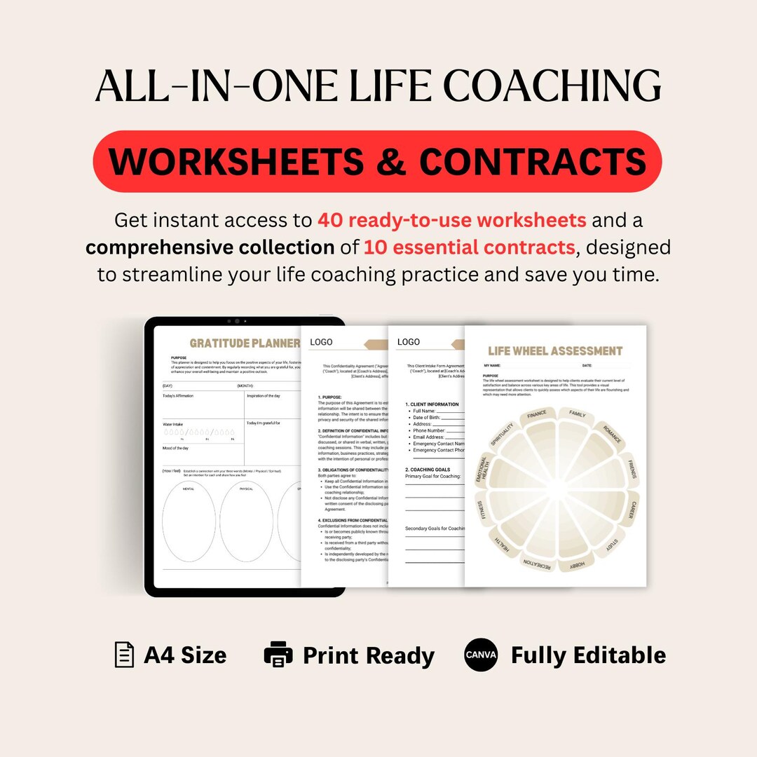 Life Coaching Worksheets and Contracts Bundle | A4 Size, Printable ...