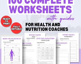 Health Coach Client-werkbladen 50 bewerkbare pagina's Voeding Oefening Doelen stellen Maaltijdplanning Voortgangtrackers Coachingformulieren en logboeken