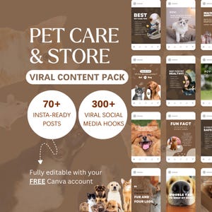 Paquete de contenido para redes sociales sobre cuidado de mascotas / Más de 70 publicaciones para Instagram, más de 300 ganchos (editable en Canva)