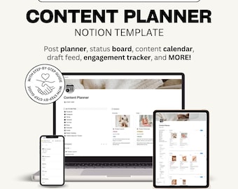 May include: A digital content planner Notion template displayed on a laptop, tablet, and smartphone. The text reads "CONTENT PLANNER NOTION TEMPLATE" and includes features like a post planner and engagement tracker. The image also states it is fully editable and compatible with multiple devices.