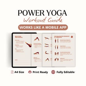 以下が含まれることがあります： 「Power Yoga Workout Guide」と「Works Like a Mobile App」のテキストが入ったデジタルパワーヨガワークアウトガイド。ヨガのポーズと説明のイラストが含まれています。ガイドはA4サイズで、印刷可能で、完全に編集可能です。