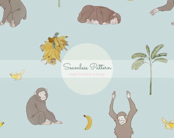 Jungle Monkey Seamless Pattern, Safari Baby Nursery Print, Tropical Banana Kids Fabric Digital Paper