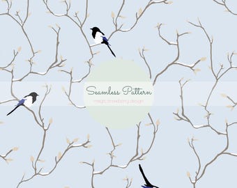 Winter Birds Seamless Pattern | Magpie Tree Branch Repeat | Scandinavian Style Digital Paper