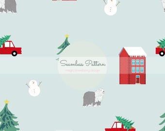 Christmas Seamless Pattern with Sheepdog, Snowman & Winter Village – Holiday Digital File for Crafts