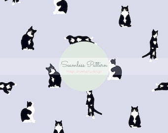 Tuxedo Cat Seamless Pattern, Minimal Black White Pet Fabric Design (Digital Download)