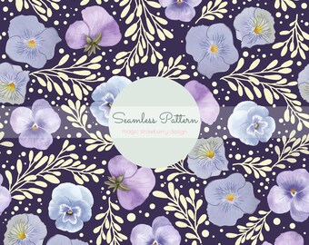 Watercolor Pansy Seamless Pattern, Purple Floral Repeat, Spring Flower Digital Paper, Cottage Garden Design