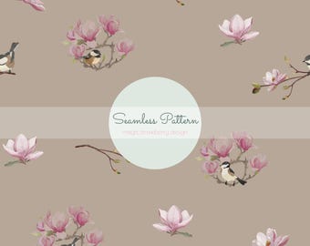 Pink Magnolia Bird Seamless Pattern, Spring Floral Botanical Digital File