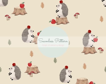 Hedgehog Seamless Pattern, Fall Woodland Apple Design, Repeating Pattern for Fabric, Scrapbook, Wrapping Paper