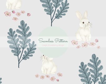 Spring Bunny Pattern, Cherry Blossom Rabbit Seamless Repeat, Woodland Nursery Fabric, Easter Digital Paper