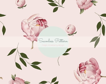 Blush Pink Peony Seamless Pattern/ Romantic Floral Watercolor/ Digital Paper for Fabric, Wallpaper, Stationery