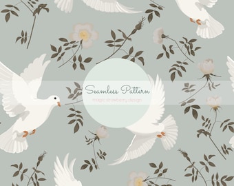 White Dove Floral Seamless Pattern, Romantic Vintage Bird Design, Cottagecore Digital Paper