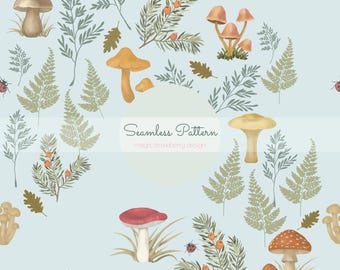 Mushroom Forest Seamless Pattern, Woodland Botanical Illustration