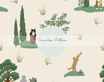 Cat Music Seamless Pattern, Whimsical Forest Animals Playing Instruments, Cottagecore Digital Paper