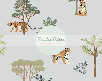 Tiger Jungle Seamless Pattern | Safari Animal Wallpaper | Tropical Forest Repeating Design for Fabric & Nursery