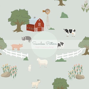 May include: A seamless pattern depicting a farm scene with a red barn, windmill, and farm animals such as cows, pigs, sheep, and goats. The design includes white fences, trees, and floral elements on a pale green backdrop.
