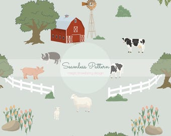 Spring Farm Animals Seamless Pattern, Baby Nursery Fabric Print (Digital File)