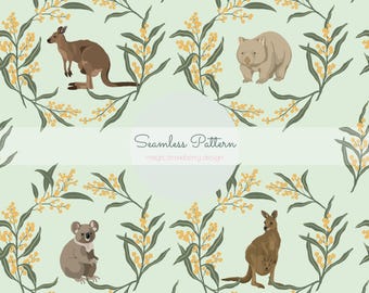 Australian Animals Seamless Pattern | Kangaroo Koala Wombat Floral Repeat | Spring Nature Digital Paper