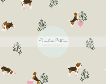 Beagle Puppy Seamless Pattern, Floral Heart Design (Digital Paper)