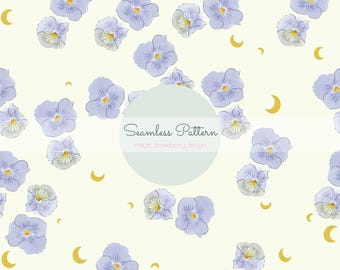 Seamless Floral Pattern with Moons, Watercolor Pansy Flowers, Celestial Nursery Wallpaper, Cottagecore Digital Paper
