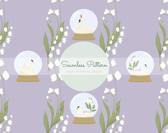 Swan Snow Globe Seamless Pattern, Romantic Floral Swan Design, Cottagecore Valentine Digital Paper