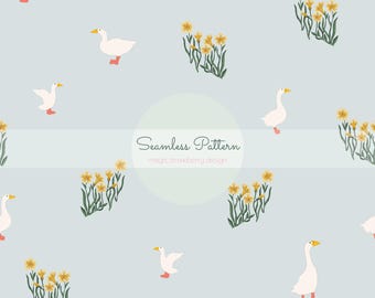 Duck & Daffodil Seamless Pattern | Spring Farm Nursery Wallpaper, Fabric, Digital Paper