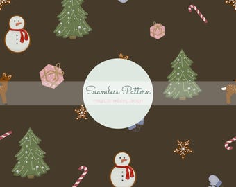 Christmas Seamless Pattern | Woodland Deer, Snowman, Pink, Brown and transparent Background (Digital PNG, JPG)