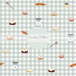 Puede incluir: Diseño de patrón sin costuras con elementos de repostería sobre un fondo a cuadros gris y blanco. El diseño incluye rodillos, cucharas de madera, balanzas y varios pasteles y bollería. También se incluye el texto "Seamless Pattern" y "magic strawberry design".