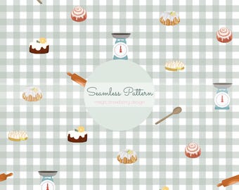 Baking Seamless Pattern, Cakes, Gingham Background (Digital File)