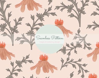 Blush Wildflower Seamless Pattern, Vintage Botanical Meadow Floral, Cottagecore Digital Paper