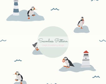 Puffin Love Seamless Pattern, Coastal Valentine Digital Paper (JPG & PNG File)