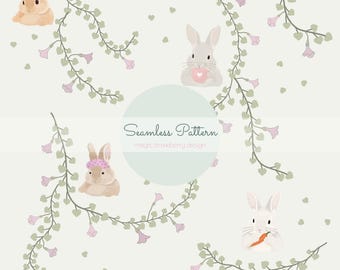 Bunny Seamless Pattern, Pastel Floral Vines, Nursery Wallpaper (Digital File Only)