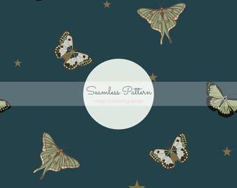 Vintage Butterfly Seamless Pattern, Mint & Navy (Digital File)