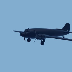 May include: A dark blue vintage aircraft with two propellers and landing gear against a light blue sky. The plane has a classic design, with a rounded fuselage and a high tail fin. The wings are straight and extend outwards.