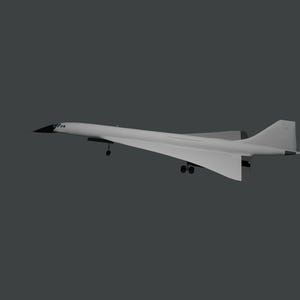 Puede incluir: Un avión a reacción supersónico blanco con una nariz negra y detalles negros en las alas. El avión está en vuelo.