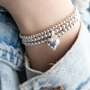 Sterling silver Puff heart charm bracelet, Silver heart sterling silver stretch bracelet