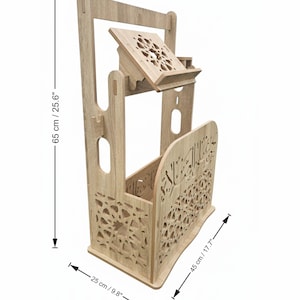 Moroccan Islamic prayer corner organizer dimensions — 65cm height, 45cm width, 25cm depth. Carved wood Quran stand and prayer mat storage unit. Islamic home decor handcrafted in Morocco.