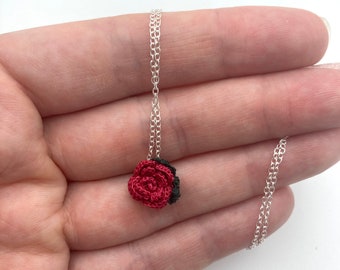 Rose Necklace, Micro crochet jewellery, Amigurumi rose pendant