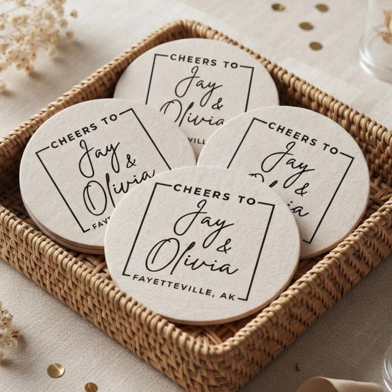 Personalized Wedding Reception Coasters Custom 40 Pt Pulpboard Wedding Drink Favors And Decor image 2