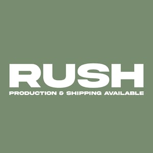 a large, bold, white text that reads "RUSH" and below it, "PRODUCTION & SHIPPING AVAILABLE".