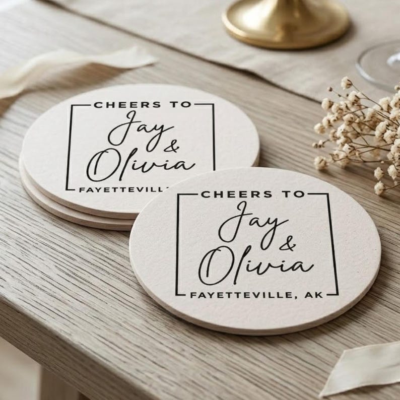Personalized Wedding Reception Coasters Custom 40 Pt Pulpboard Wedding Drink Favors And Decor image 1