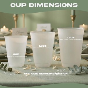 three different sizes of cups, each labeled with its corresponding cup size recommendation.