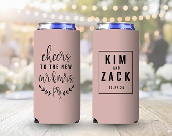 Cheers to the new Mr and Mrs Can Cooler, Personalized Wedding Slim Can Coolers, Custom Beer Huggers, Custom Wedding Favors, Thin Can Coolers