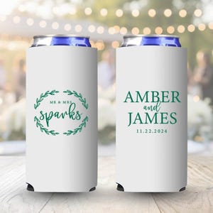Mr and Mrs Can Cooler, Slim Beer Huggers, Custom Slim Can Coolers, Personalized Thin Can Cooler, Wedding Favors, Custom Slim Stubby Holders