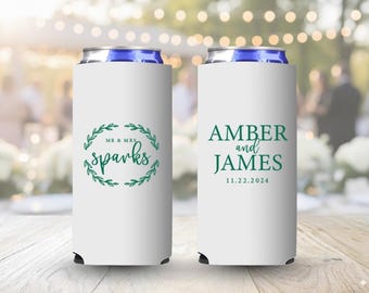 Mr and Mrs Can Cooler, Slim Beer Huggers, Custom Slim Can Coolers, Personalized Thin Can Cooler, Wedding Favors, Custom Slim Stubby Holders