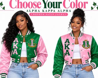 Personalized Green & Pink AKA Cropped Satin Sorority Jacket, Custom Alpha Crop Varsity Satin Jacket, Design Your Own Greek Jacket