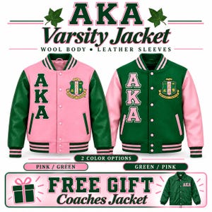 May include: Two varsity jackets with wool bodies and leather sleeves, featuring the text AKA and a crest. One jacket is pink with green sleeves, the other is green with pink sleeves. Includes a free gift coaches jacket graphic.