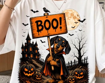 Cute Dachshund Halloween PNG, Boo Dog PNG, Spooky Wiener Dog Shirt Design, Pumpkin Halloween Sublimation PNG, Digital Download