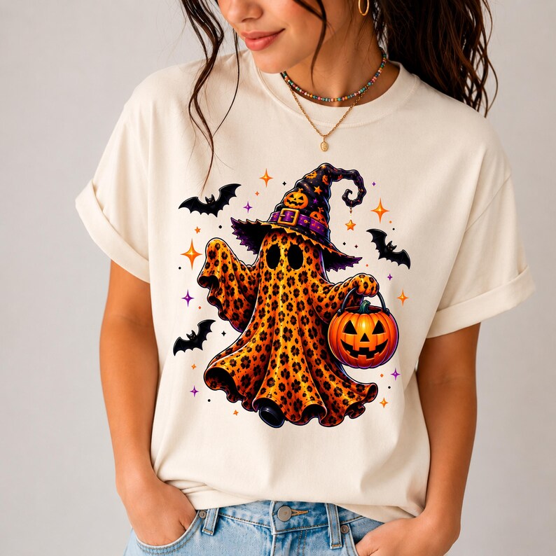 Coquette Leopard Ghost PNG, Cute Halloween Ghost PNG, Witch Hat Pumpkin Bucket Design, Preppy Spooky Season, Trendy Fall Digital Download image 3